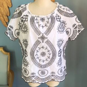 NWOT Leo & Nicole white pull on short sleeves cotton top with black eyelet Sz PL